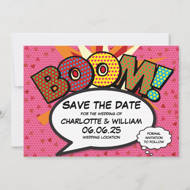 Modern Hearts Confetti Comic Wedding Save The Date (Front)