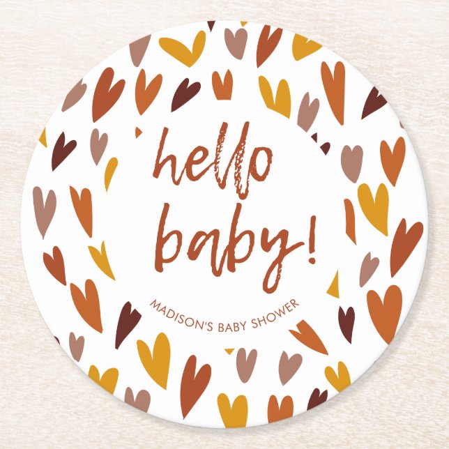 Modern Hearts Gender Neutral Baby Shower Party Round Paper Coaster (Front)