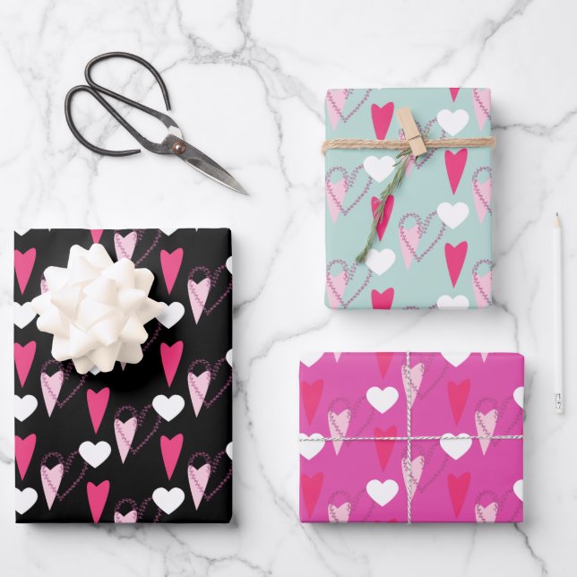 Modern Hearts Mixed Pattern  Wrapping Paper Sheet (Front)