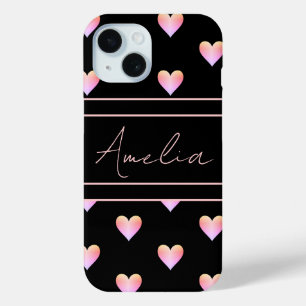 Modern Hearts Pattern Black Pink Personalised iPhone 15 Case