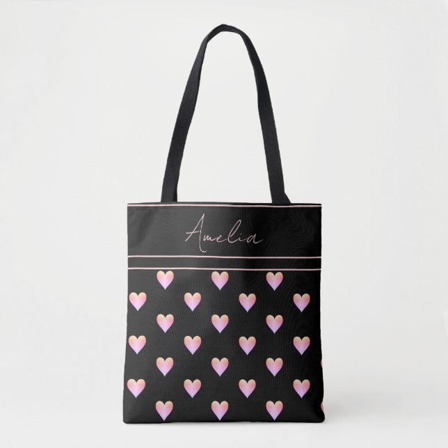 Modern Hearts Pattern Black Pink Personalised Tote Bag (Front)