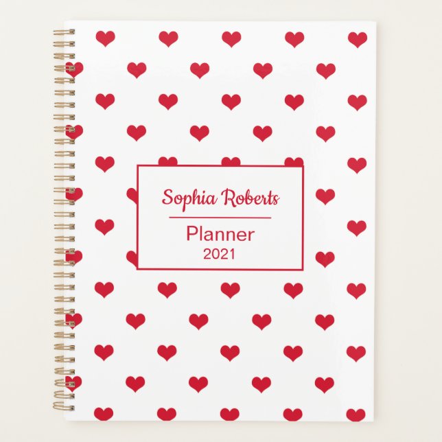 Modern hearts pattern red & white personalised planner (Front)