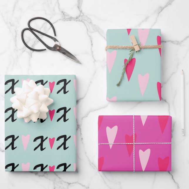 Modern Hearts Pink X's and Hearts Pattern  Wrapping Paper Sheet (Front)