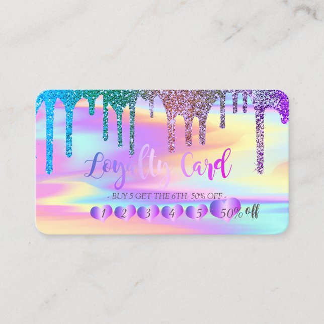 Modern Hearts Rainbow Glitter Drips Holographic Loyalty Card (Front)
