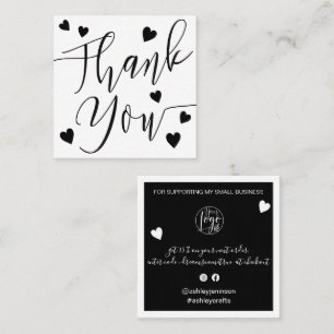Modern hearts thank you script order black white square business card
