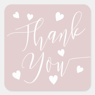 Modern hearts thank you script order dusty pink square sticker