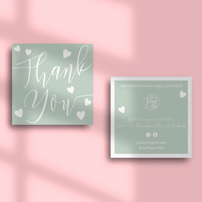 Modern hearts thank you script order sage green square business card (Creator Uploaded)