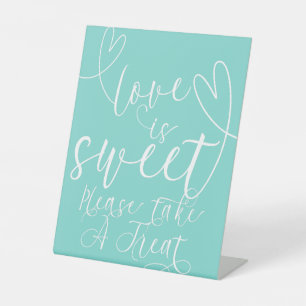 Modern Hearts Turquoise Blue Green Love is Sweet Pedestal Sign