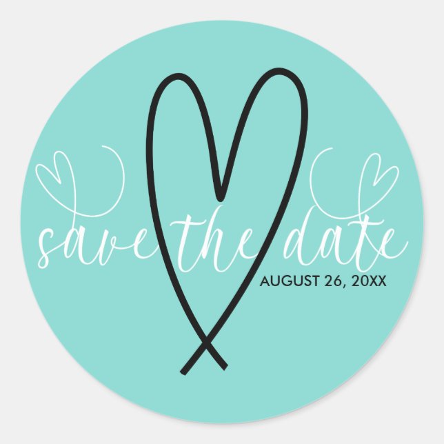 Modern Hearts Turquoise Blue Green Save the Date Classic Round Sticker (Front)