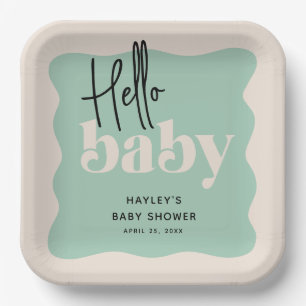 Modern Hello Baby Mint & Cream Baby Shower Paper Plate