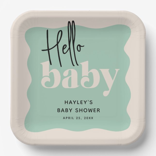 Modern Hello Baby Mint & Cream Baby Shower Paper Plate (Front)