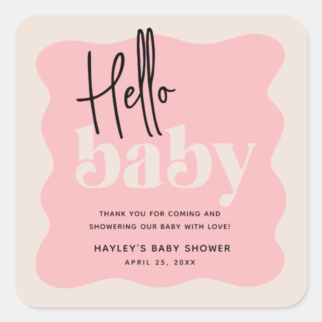 Modern Hello Baby Pink & Cream Baby Shower Square Sticker (Front)