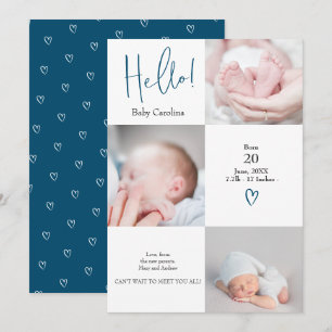 Modern hello blue white 3 photos baby birth announcement