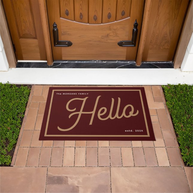 Modern Hello Burgundy Gold Script Family Name Doormat (Outdoor)