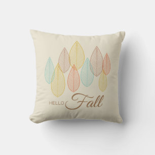 Modern Hello Fall Leaves Multicolored Script Cushion