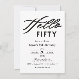 Modern Hello Fifty Black & White 50th Birthday Invitation