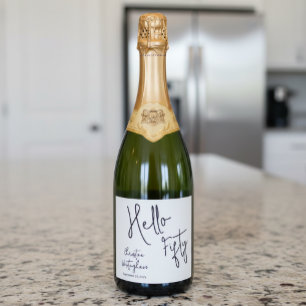 Modern Hello Fifty Name Date 50th Birthday Party Sparkling Wine Label