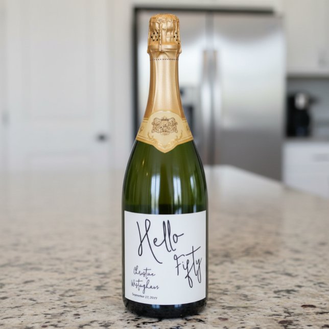 Modern Hello Fifty Name Date 50th Birthday Party Sparkling Wine Label (Creator Uploaded)