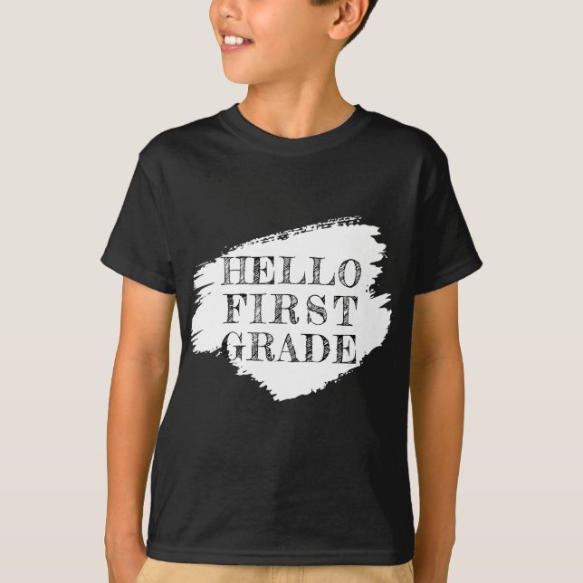 Modern Hello First Grade Kids Black T-Shirt (Front)