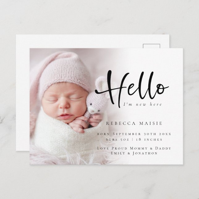 Modern Hello New Baby Photo Birth Announcement Pos Postcard (Front/Back)