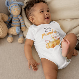 Modern Hello Pumpkin Orange Pumpkin With Flowers Baby Bodysuit