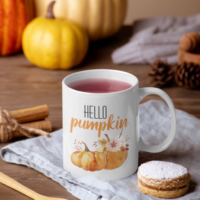 Modern Hello Pumpkin Orange Pumpkin With Flowers Coffee Mug (Creator Uploaded)