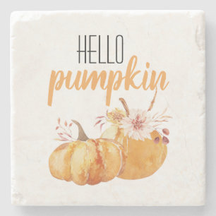 Modern Hello Pumpkin Orange Pumpkin With Flowers Stone Coaster