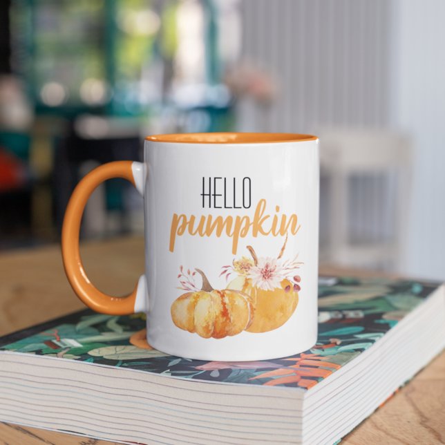 Modern Hello Pumpkin Orange Pumpkin With Flowers Two-Tone Coffee Mug (Creator Uploaded)