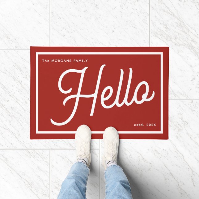 Modern Hello Red White Script Family Name Doormat (Indoor)
