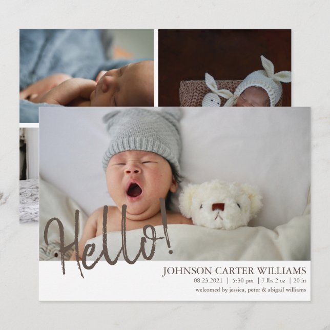 Modern Hello Script 4 Photos Birth Announcement (Front/Back)