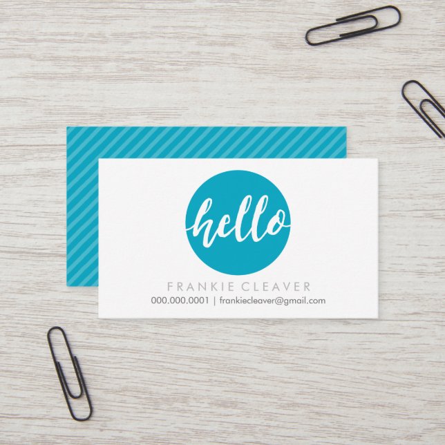 MODERN HELLO SCRIPT hand drawn bold spot turquoise Business Card (Front/Back In Situ)