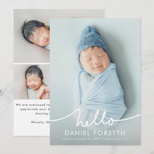 Modern Hello Script Newborn Baby Photo Birth Announcement (Front/Back)
