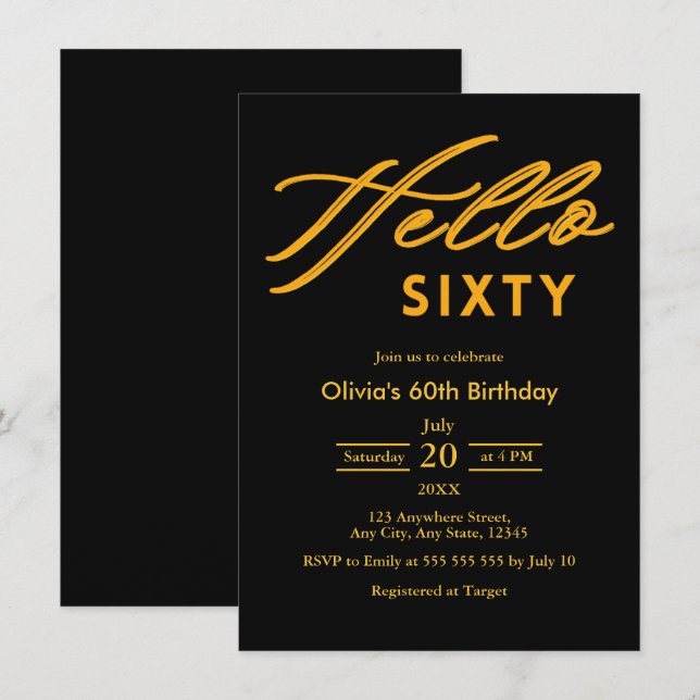 Modern Hello Sixty Black & White 60th Birthday Invitation (Front/Back)