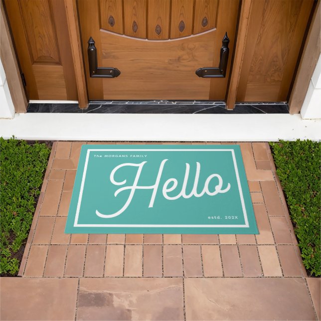 Modern Hello Teal White Script Family Name Doormat (Outdoor)