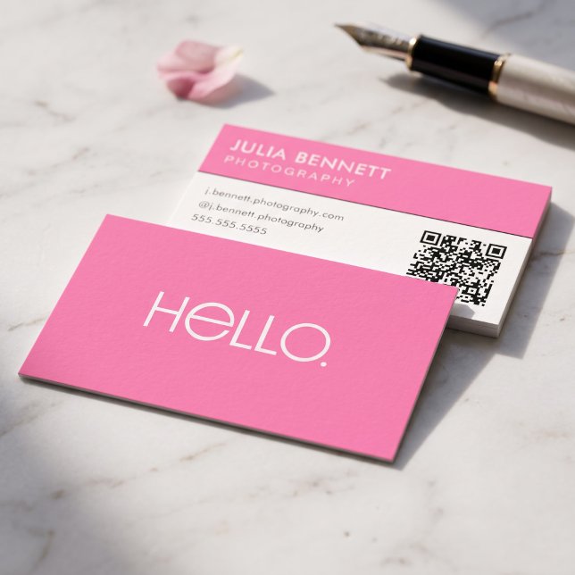 Modern "Hello" Typography Design Business Card (Simulated business cards on table)