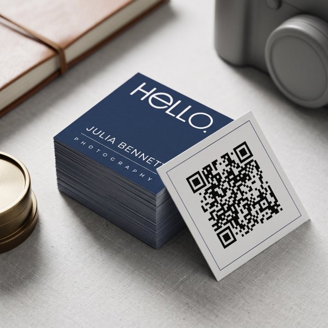 Modern "Hello" Typography Design Square Business Card (Simulated business cards on table)