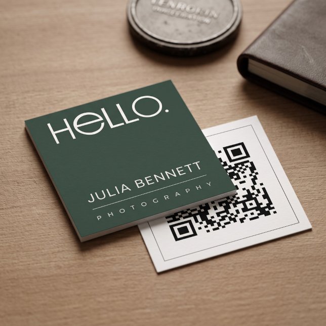 Modern "Hello" Typography Design Square Business Card (Simulated business cards on table)