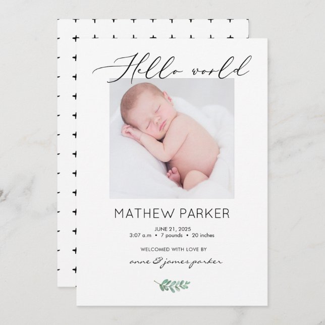 Modern Hello World Baby Birth Announcement Card (Front/Back)