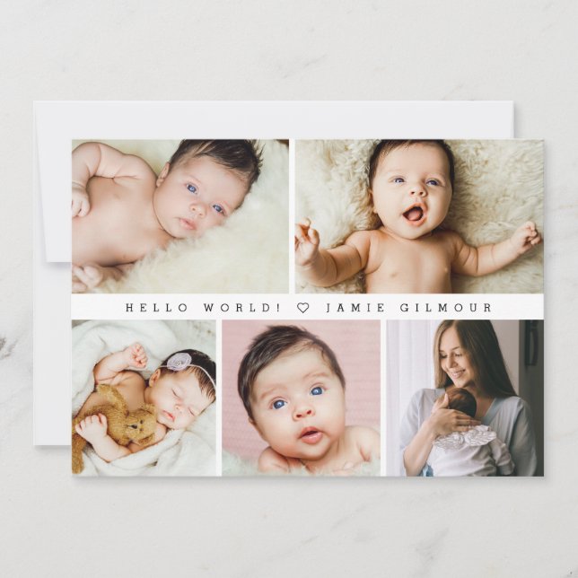 Modern Hello World Baby photo grid Thank you Invitation (Front)