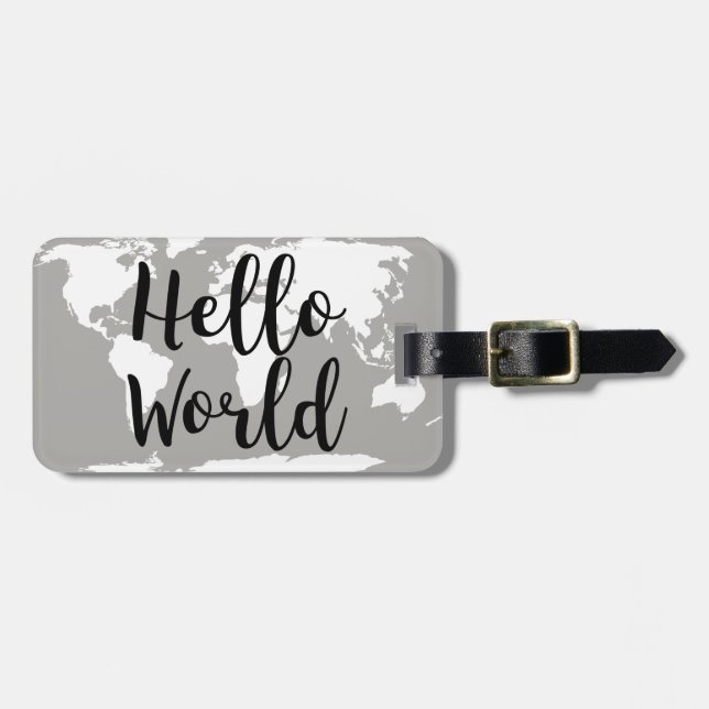 Modern Hello World Map Silhouette Luggage Tag (Front Horizontal)