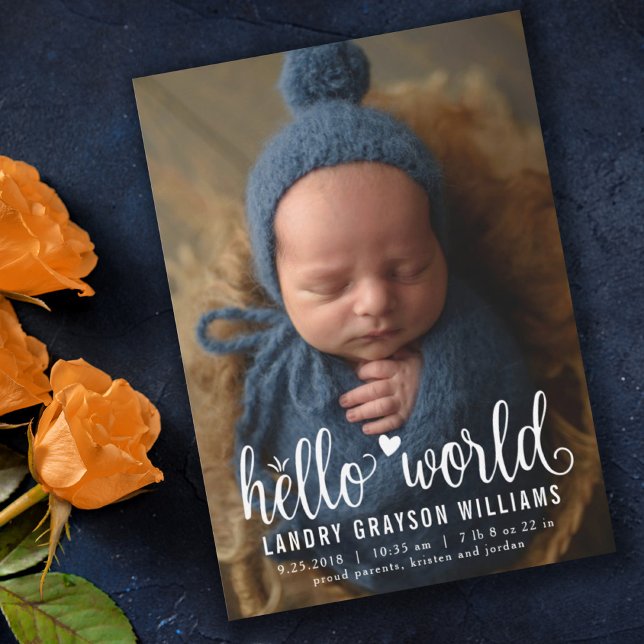 Modern Hello World Photo Birth Stat Announcement (Creator Uploaded)