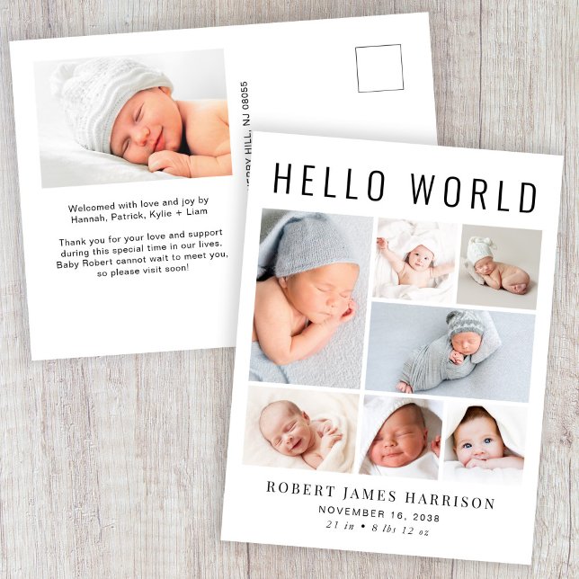Modern Hello World Photo Collage Birth Announcement Postcard (Creator Uploaded)