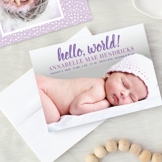 Modern Hello World Purple Baby Girl Photo Birth Announcement (Creator Uploaded)