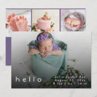 Modern Hello World Purple Baby Girl Photo Birth 