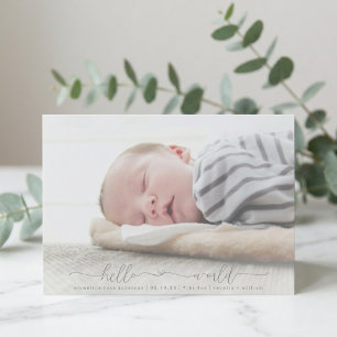 Modern Hello World Script Photo Birth Announcement