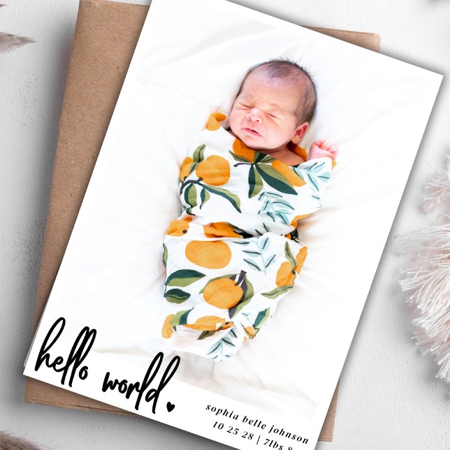 Modern Hello World Script Photo Newborn Birth   Announcement (Creator Uploaded)