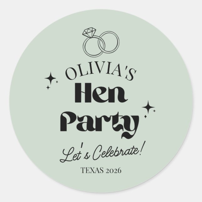 Modern Hen Party Custom Name | Sage Colour  Classic Round Sticker (Front)