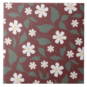 Modern Heritage Daisy Floral Dark Red & Green Tile
