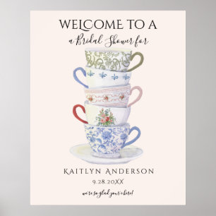 Modern Heritage Tea Cups Watercolor Bridal Shower Poster