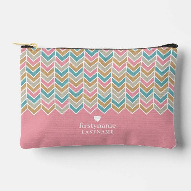 Modern Herringbone Pattern - Pink Blue Gold Accessory Pouch (Front)